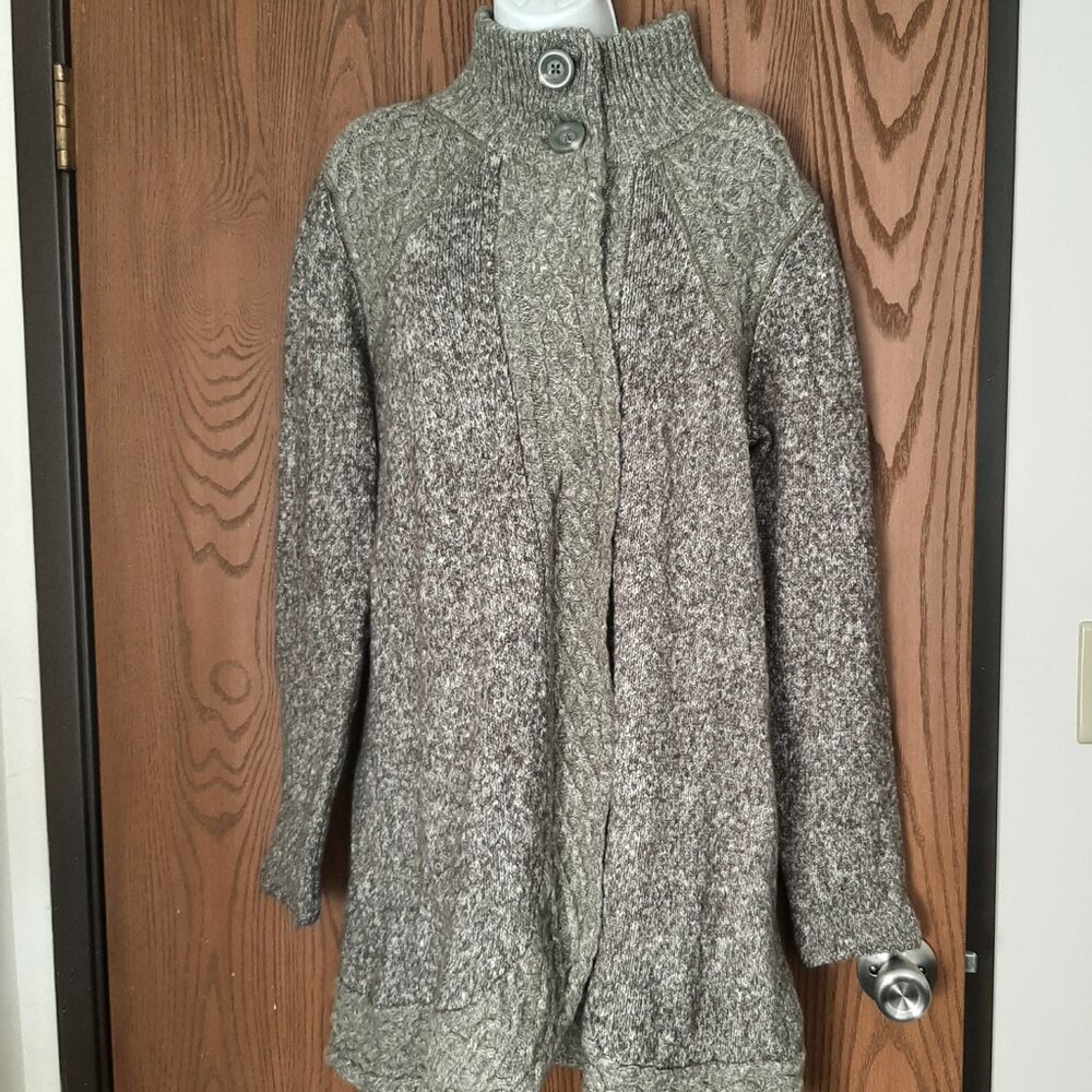 prAna Green Yarn Knit Snap Button Tunic Sweater XL Mock Neck